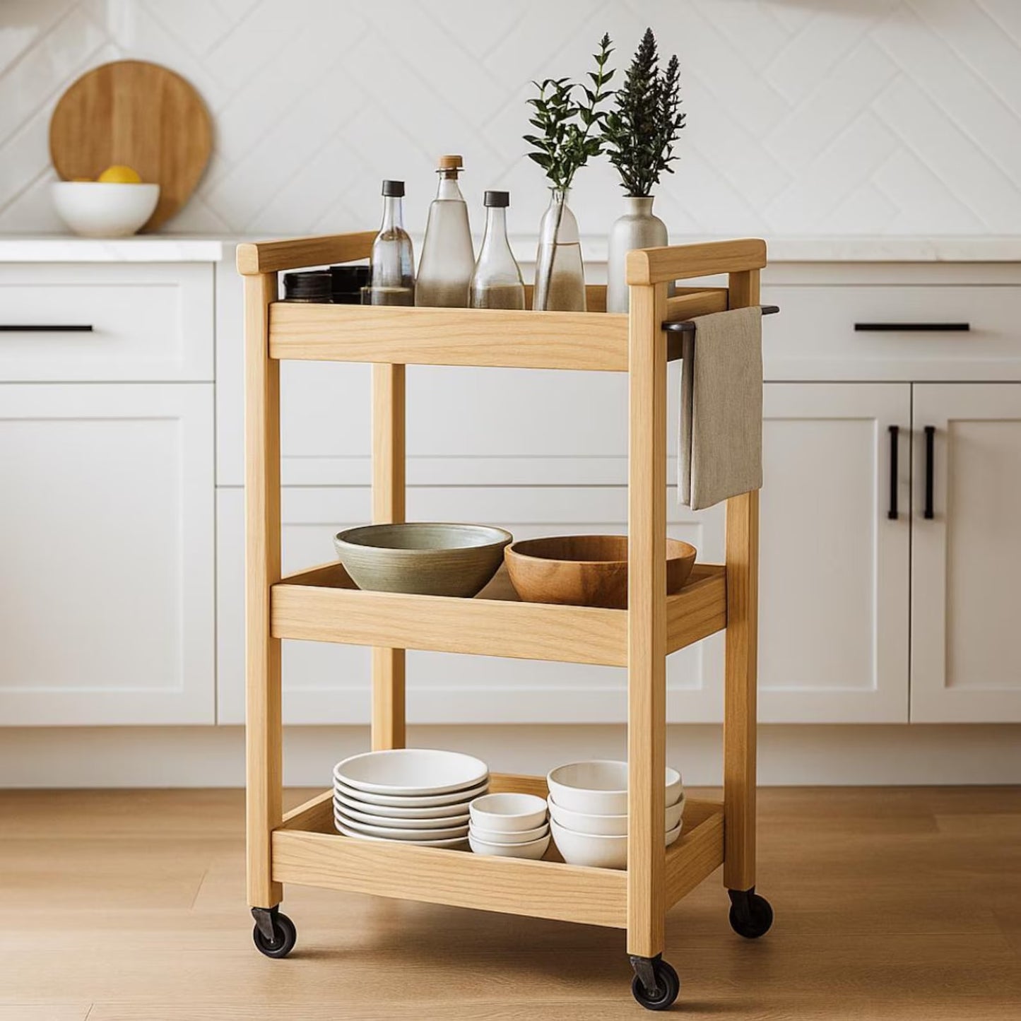 Kitchen Rolling Cart Plan PDF: Slim Three-Shelf Trolley with Towel Bar (Digital Download)