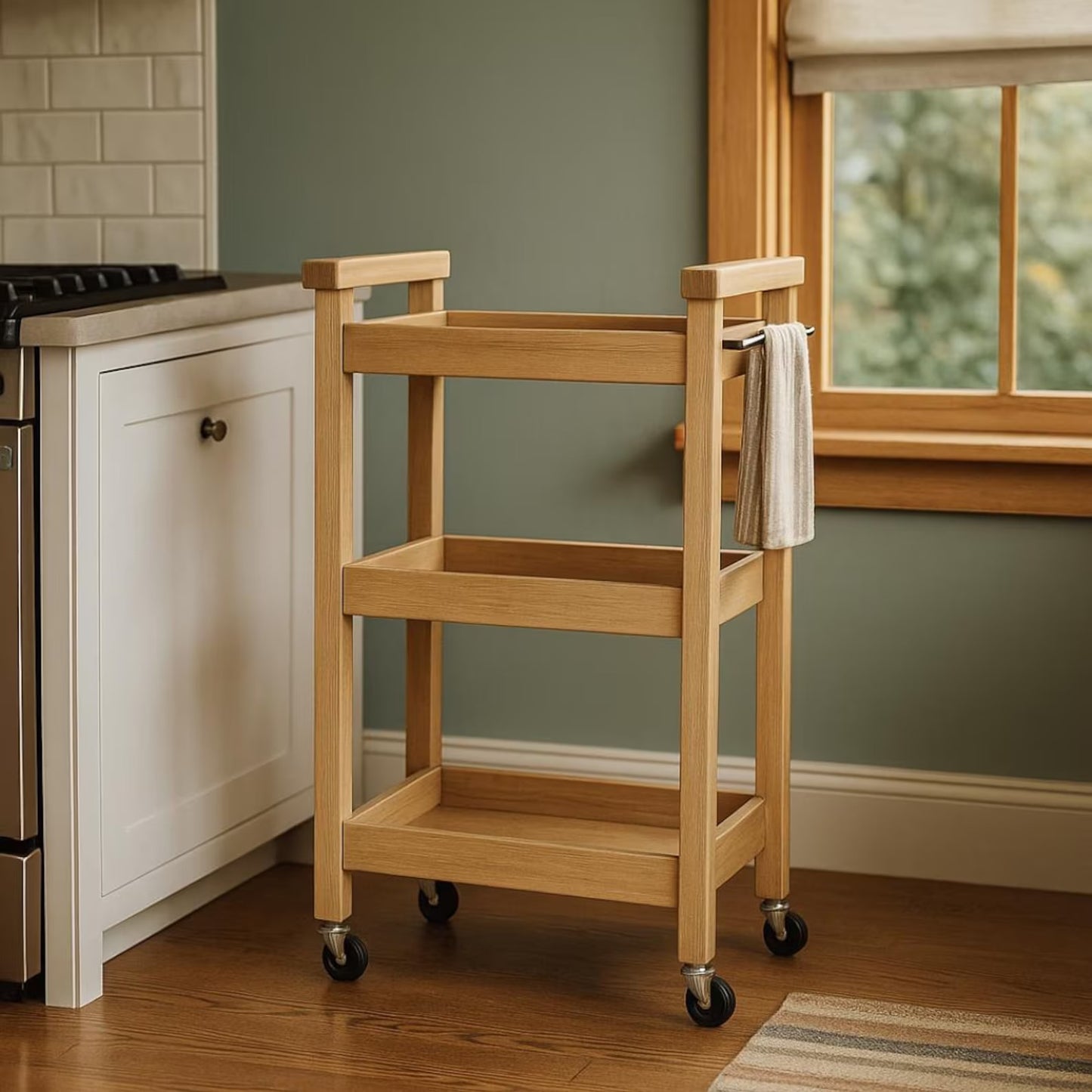 Kitchen Rolling Cart Plan PDF: Slim Three-Shelf Trolley with Towel Bar (Digital Download)