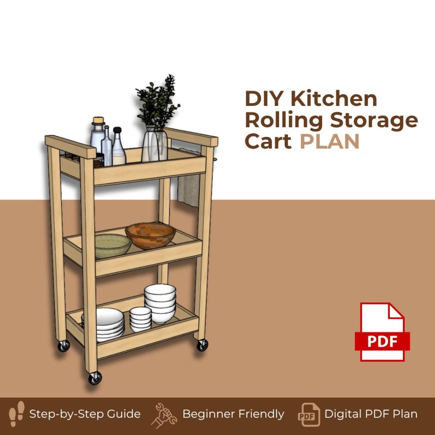 Kitchen Rolling Cart Plan PDF: Slim Three-Shelf Trolley with Towel Bar (Digital Download)