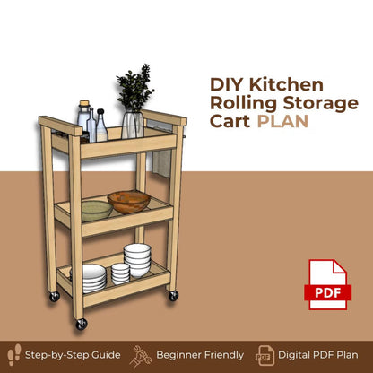 Kitchen Rolling Cart Plan PDF: Slim Three-Shelf Trolley with Towel Bar (Digital Download)