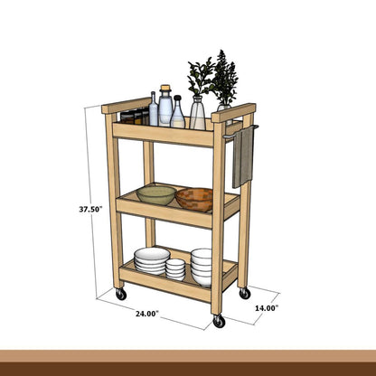 Kitchen Rolling Cart Plan PDF: Slim Three-Shelf Trolley with Towel Bar (Digital Download)