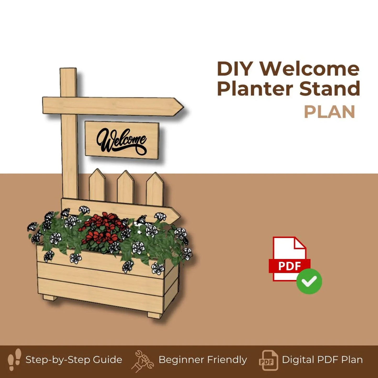 DIY Welcome Planter Plan PDF | Porch Sign Stand with Flower Box |Beginner Woodworking